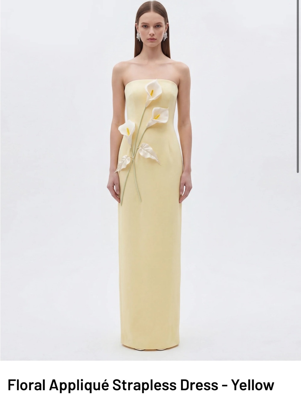 JW PEI Strapless Yellow Column Dress with Floral Appliqué